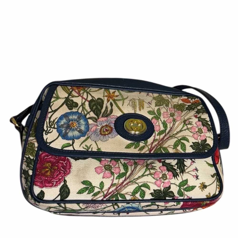 Authentic GUCCI Canvas Flora Floral Shoulder Bag White Blue Agata Mulitcolor